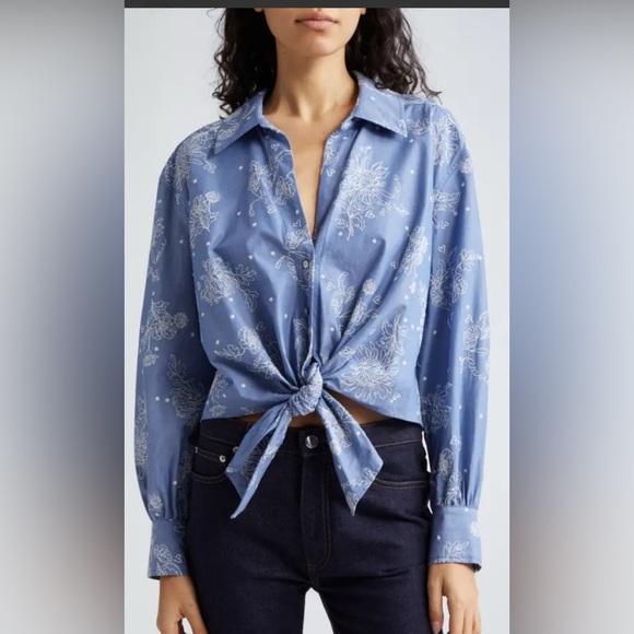 Cinq à Sept Blouse Abrielle Embroidered Blue Chambray Cotton Tie Hem Shirt XS - Picture 3 of 7